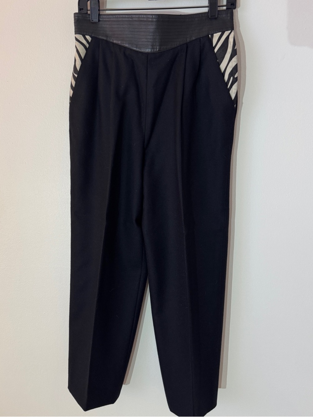 VTG Joseph Ho 100% Wool Trousers Leather Trim Zebra Cowhide Calf Pants 12